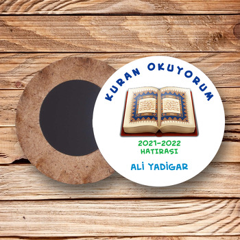 Kuran Okuyorum Mavi Yazı Temalı Daire Ahşap Magnet