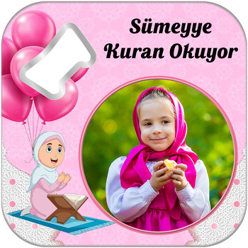 Kuran Okuyorum Pembe Temalı Kare Magnet Açacak