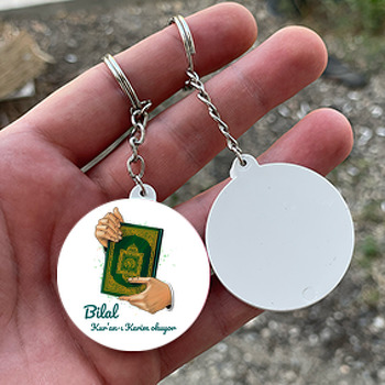 Kuranı Kerim Okuyorum ile Yeşil Temalı Daire Plastik Anahtarlık