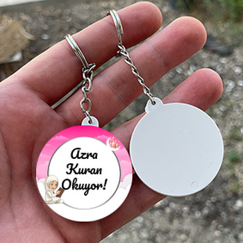 Kuranı Kerim Okuyorum Pembe Temalı Daire Plastik Anahtarlık