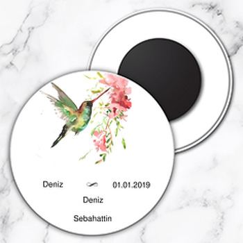 Kuş ve Pembe Çiçek Temalı Söz Nişan Nikah Daire Plastik Magnet