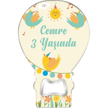 Kuşlar Güneş ve Çiçekler Temalı Balon Ahşap Magnet 