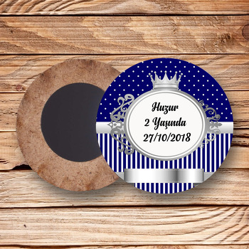 Lacivert Beyaz Gümüş Çerçeveli Temalı Ahşap Daire Magnet