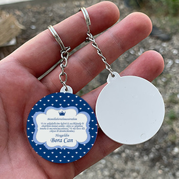 Lacivert Fonda Beyaz Kalpli Nazar Duası Temalı Daire Plastik Anahtarlık