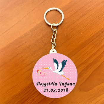 Leylek Temalı Hoşgeldin Bebek Daire Plastik Anahtarlık