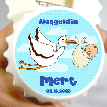Leylekte Bebek ile Mavi Fon Temalı Kapak Şekilli Magnet Açacak