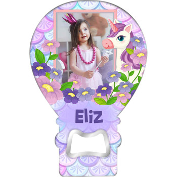 Lila Pembe Çiçekler İçerisinde Unicorn Temalı Balon Ahşap Magnet 