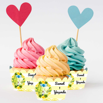Limon Çerçeve ile Çizgili Fon Temalı Cupcake Sargısı