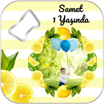 Limon Çerçeve ile Çizgili Fon Temalı Kare Magnet Açacak