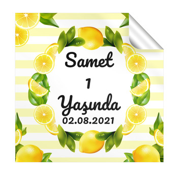 Limon Çerçeve ile Çizgili Fon Temalı Kare Parti Etiket