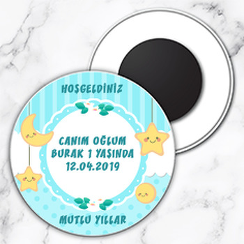Mavi Ay Ve Yıldız Temalı Daire Plastik Magnet