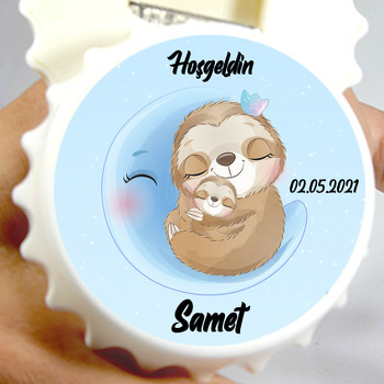 Mavi Ayda Tropikal Anne Çocuk Temalı Kapak Şekilli Magnet Açacak