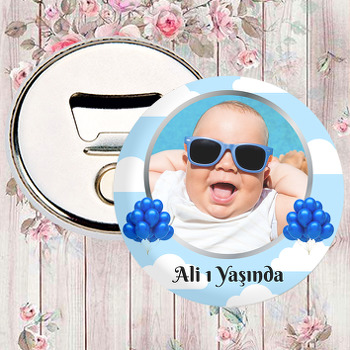 Mavi Balon Gümüş Çerçeve Bulut Fon Temalı Magnet Açacak