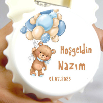Mavi Balonla Uçan Sevimli Erkek Ayı Temalı Kapak Şekilli Magnet Açacak