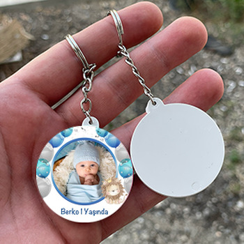 Mavi Balonlar ile Taçlı Aslan Temalı Daire Plastik Doğum Günü Anahtarlık