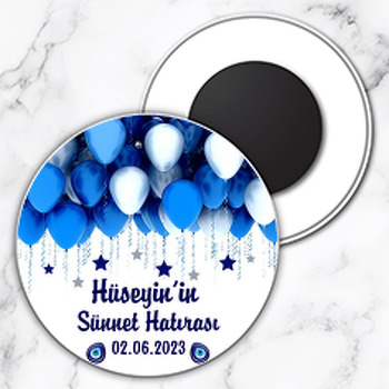 Mavi Balonlar ile Yıldızlarla Sünnet Hatırası Temalı Daire Plastik Magnet
