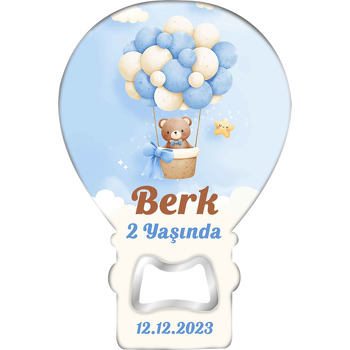 Mavi Balonlarla Sepette Ayı Temalı Hediyelik Balon Ahşap Magnet 
