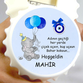 Mavi Balonlu Fil ile Nazar Boncuğu Temalı Kapak Şekilli Magnet Açacak