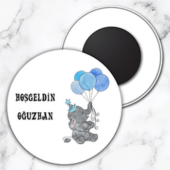 Mavi Balonlu Fil Temalı Daire Plastik Magnet