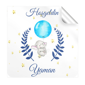 Mavi Balonlu Fil Temalı Hoşgeldin Bebek Kare Etiket
