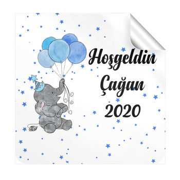 Mavi Balonlu Fil Temalı Hoşgeldin Bebek Kare Etiket