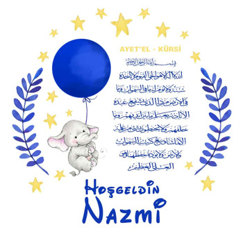 Mavi Balonlu Uçan Fil ile Ayetel Kürsi Temalı Akrilik Daire Magnet