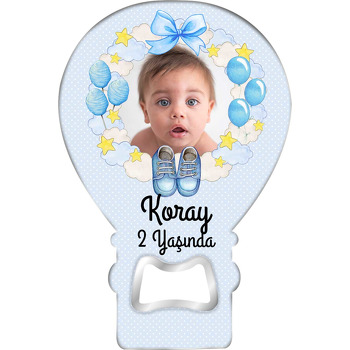 Mavi Beyaz Bulut Çerçeve ile Bebek Ayakkabısı Temalı Balon Ahşap Magnet 