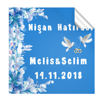 Mavi Beyaz Güvercin Temalı Söz Nişan  Kare Etiket