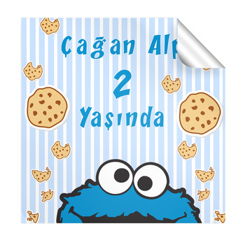 Mavi Beyaz Kurabiye Canavarı Temalı Doğum Günü  Kare Etiket