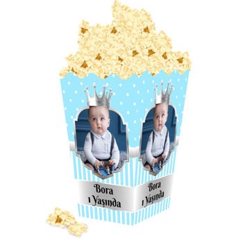 Mavi Beyaz Puantiye ile Gümüş Çerçeve Temalı Popcorn Kutusu