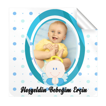 Mavi Çerçeve Temalı Bebek  Kare Etiketi