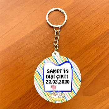 Mavi Çerçeveli Diş Temalı Daire Plastik Anahtarlık