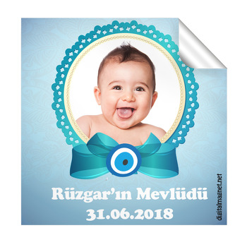 Mavi Çerçeveli Nazarlı Bebek Mevlüdü   Kare Etiketi