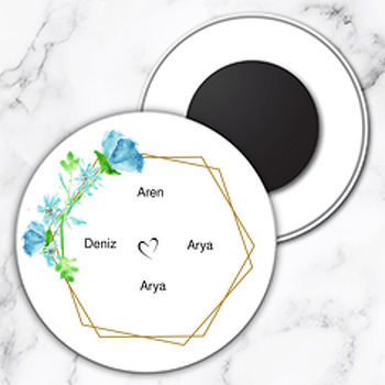 Mavi Çiçek 2 Temalı Söz Nişan Nikah Daire Plastik Magnet