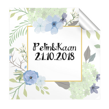 Mavi Çiçek Çerçeveli Söz Nişan Nikah Kare Etiket