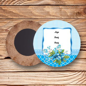 Mavi Çiçek Temalı Ahşap Daire Magnet