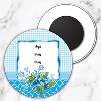 Mavi Çiçek Temalı Daire Plastik Magnet
