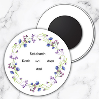 Mavi Çiçek Temalı Söz Nişan Nikah Daire Plastik Magnet
