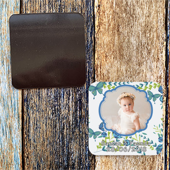 Mavi Çiçek Ve Kelebek Temalı Kare Magnet