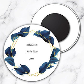 Mavi  Çiçekler Temalı Söz Nişan Nikah Daire Plastik Magnet