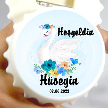 Mavi Çiçekli Kuğu Temalı Kapak Şekilli Magnet Açacak