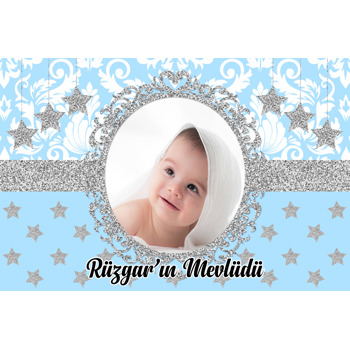 Mavi Damask ve Gümüş Sim Temalı Bebek Mevlüdü Magneti