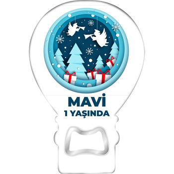 Mavi Degrade Tonlarında Yeniyıl Melekleri Temalı Balon Ahşap Magnet 
