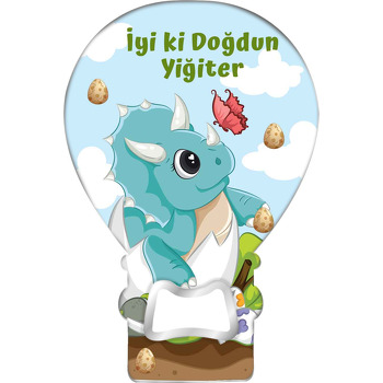 Mavi Dinazor Triceratops Temalı Balon Ahşap Magnet 