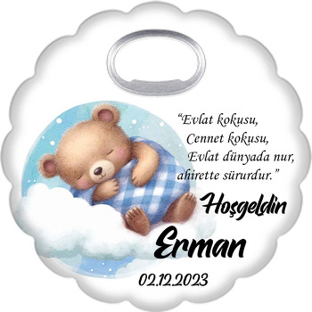 Mavi Ekose Battaniyeli Bebek Ayı Temalı Çiçek Şekilli Magnet Açacak