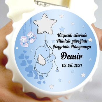 Mavi Fil ile Yıldız Balon Temalı Kapak Şekilli Magnet Açacak