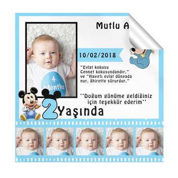 Mavi Film Şeritli Mickey 2 Yaş Temalı  Kare Etiket