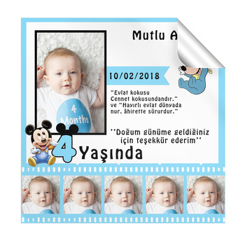 Mavi Film Şeritli Mickey Temalı  Kare Etiket