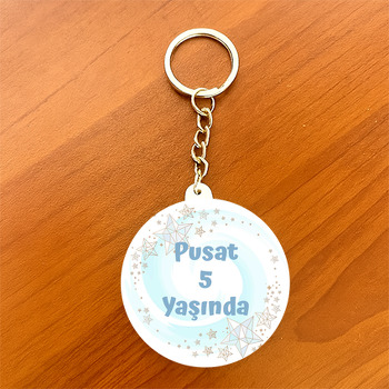 Mavi Fonda Geometrik Gold Yıldızlar Temalı Daire Plastik Anahtarlık