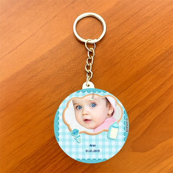 Mavi Fonlu Hoşgeldin Bebek Daire Plastik Anahtarlık